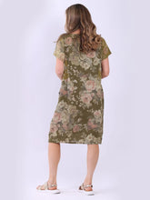Load image into Gallery viewer, Olive Floral Print 100% Linen Dress with Pockets
