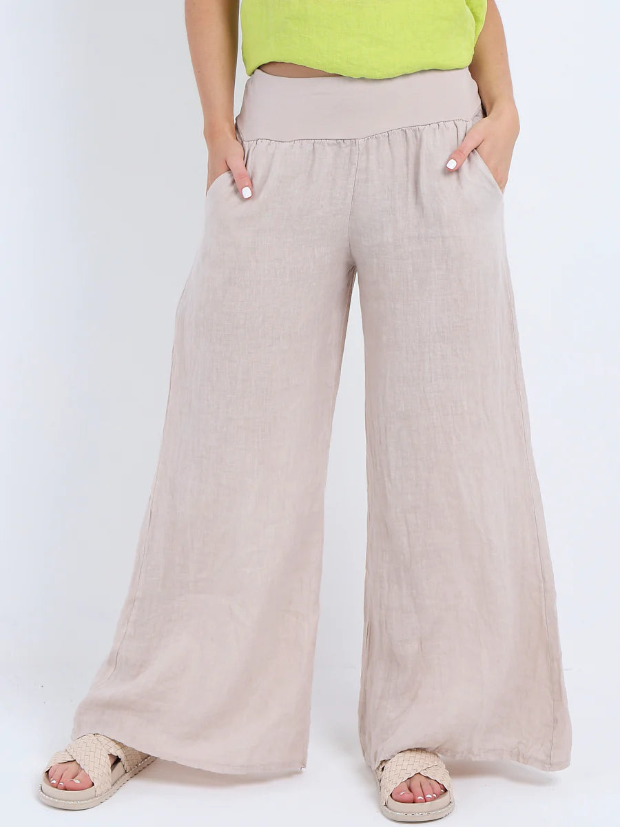 Beige Wide Leg Linen Palazzo Pant