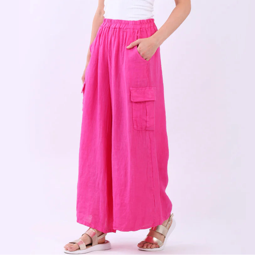Fuchsia Wide Leg Cargo Linen Pant