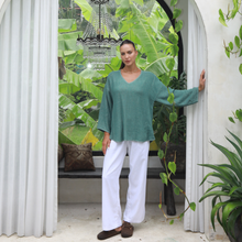 Load image into Gallery viewer, Kashmir Green Vela Long Sleeve Hessian Tunic Top