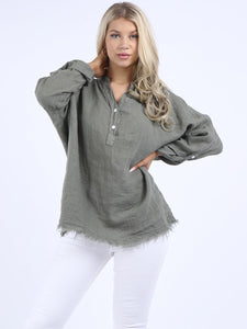 'Ruby' Khaki Relaxed Fit 100% Linen Top with Raw Edges
