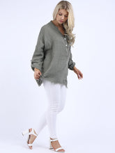 Load image into Gallery viewer, &#39;Ruby&#39; Khaki Relaxed Fit 100% Linen Top with Raw Edges