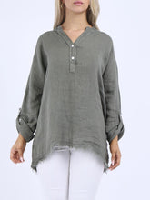 Load image into Gallery viewer, &#39;Ruby&#39; Khaki Relaxed Fit 100% Linen Top with Raw Edges