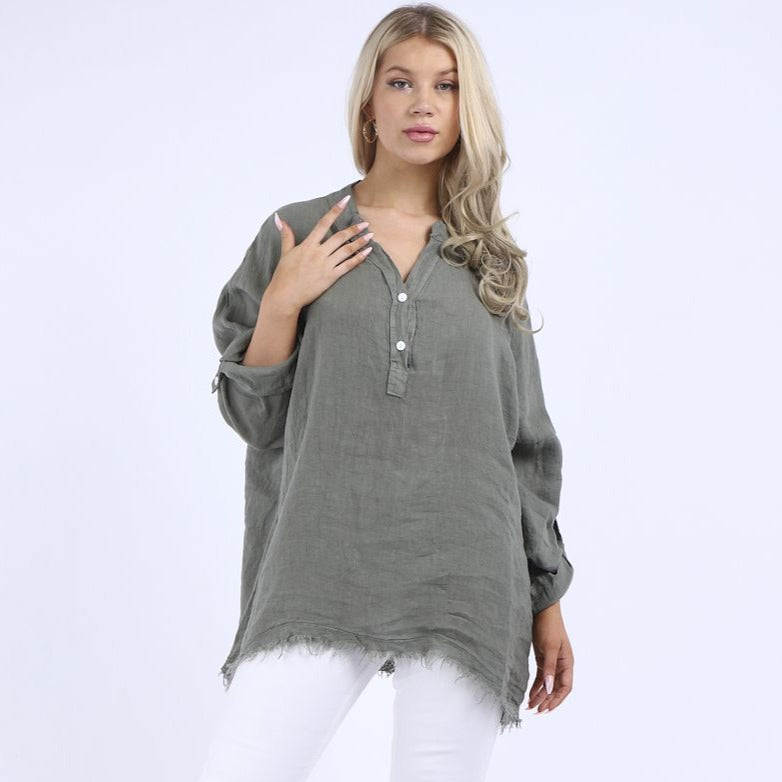 'Ruby' Khaki Relaxed Fit 100% Linen Top with Raw Edges