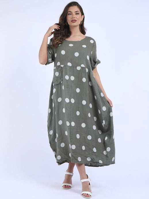 'Dot' Khaki Polka Dot Print Oversized 100% Linen Slouchy Dress