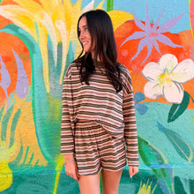 Load image into Gallery viewer, Khaki/Beige Stripe Long Sleeve Top &amp; Short Set - By Frankie
