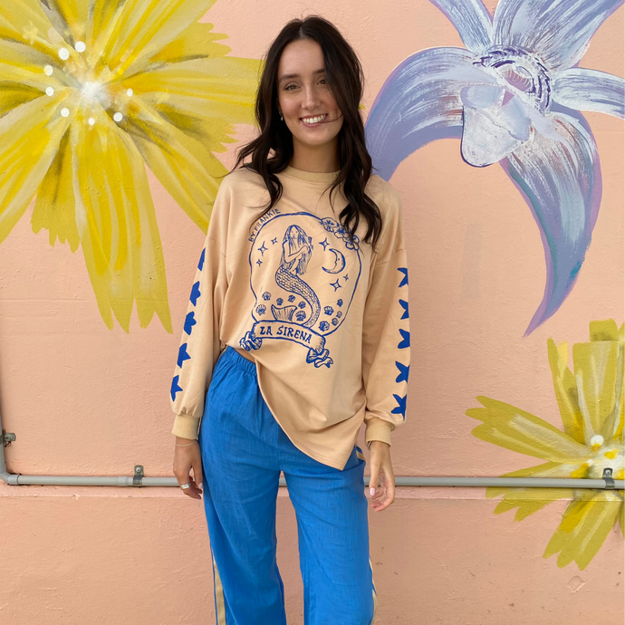 La Sirena Beige L/S Top & Blue Pant Set - By Frankie