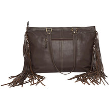 Load image into Gallery viewer, Langford Brown &amp; White Tooled Leather Cowhide Bag With Turquoise &amp; Fringing