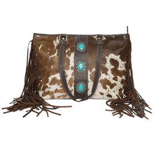 Load image into Gallery viewer, Langford Brown &amp; White Tooled Leather Cowhide Bag With Turquoise &amp; Fringing