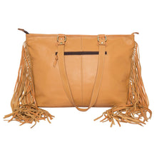 Load image into Gallery viewer, Langford Tan &amp; White Tooled Leather Cowhide Bag With Turquoise Stones and Fringing