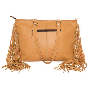 Langford Tan & White Tooled Leather Cowhide Bag With Turquoise Stones and Fringing