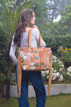 Load image into Gallery viewer, Langford Tan &amp; White Tooled Leather Cowhide Bag With Turquoise Stones and Fringing
