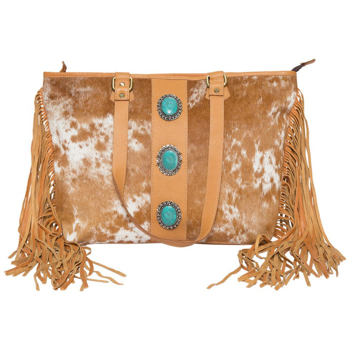 Langford Tan & White Tooled Leather Cowhide Bag With Turquoise Stones and Fringing