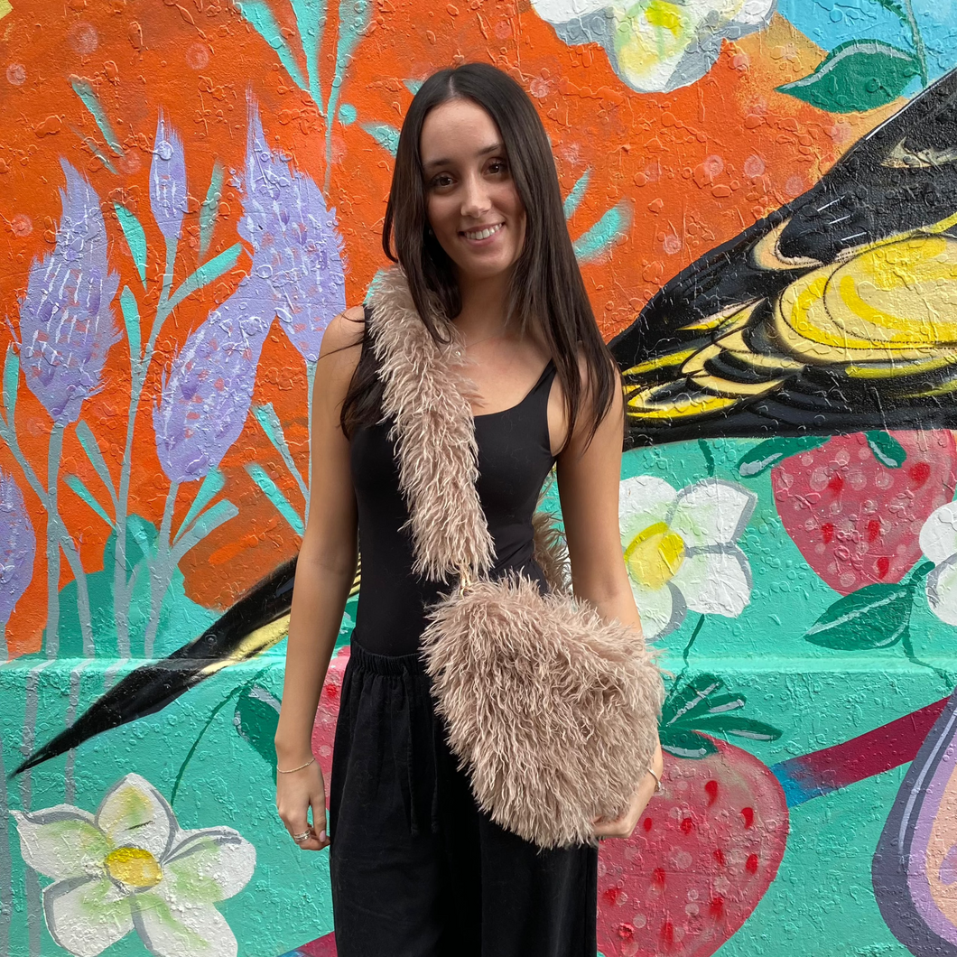 Latte Mongolian Fleece Crossbody Bag