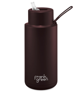 Brown reusable water bottle with straw on a white background, featuring the brand 'frank green'.