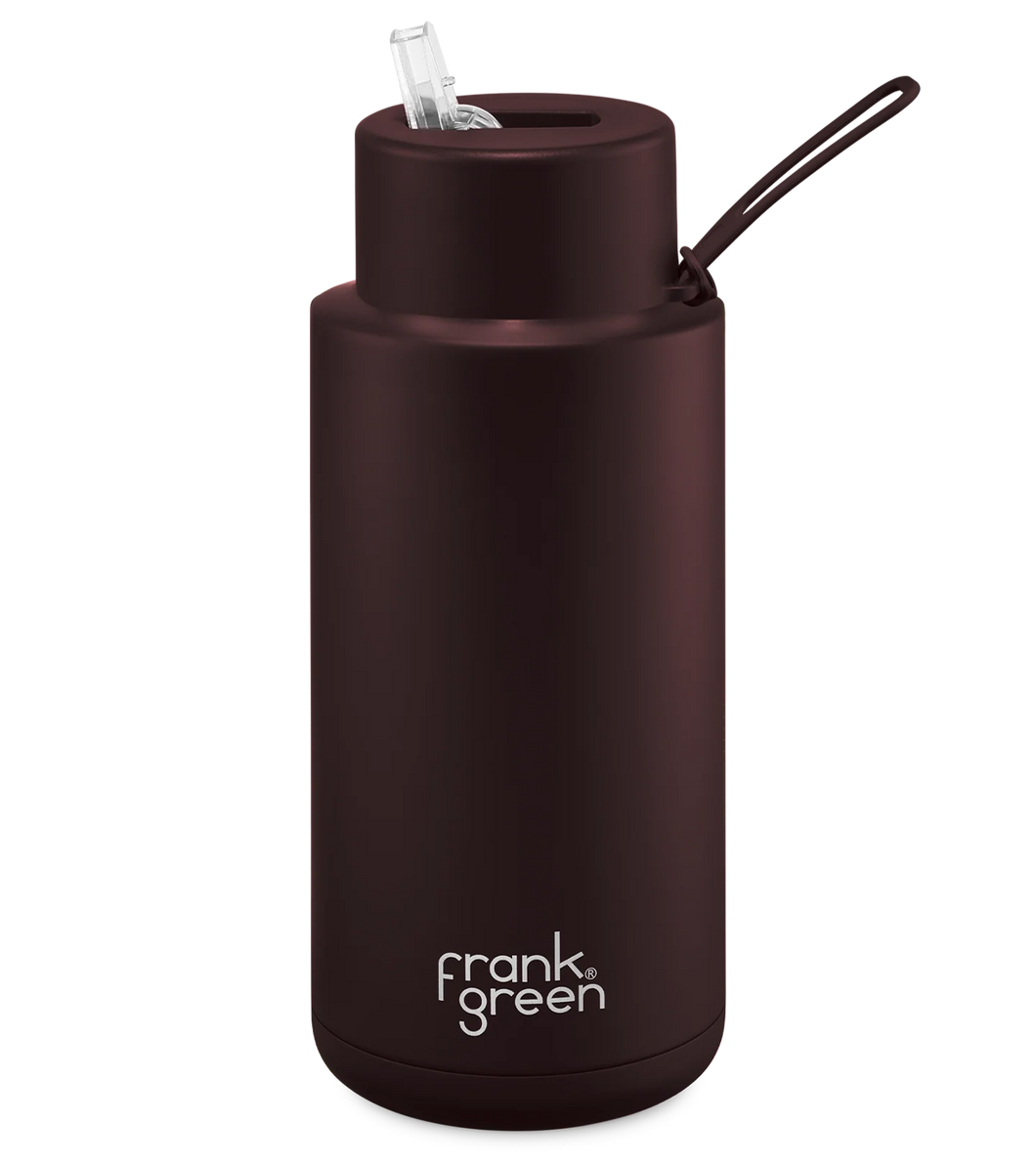 Brown reusable water bottle with straw on a white background, featuring the brand 'frank green'.