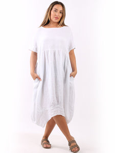 'Mila' White 100% Linen Midi Swing Dress with Pockets