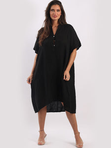 'Rylie' Black 100% Linen Shift Dress with Raw Edges