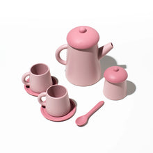 Load image into Gallery viewer, Pink silicone tea set with teapot, cups, saucer, and sugar bowl on a white background