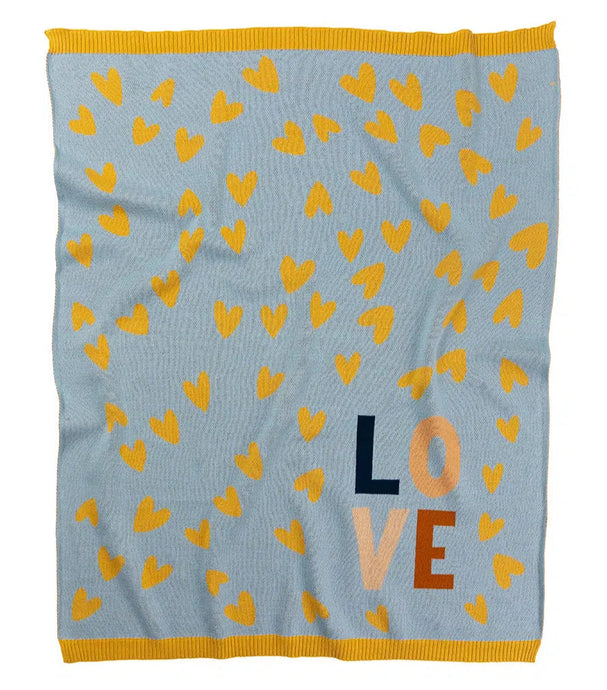 Baby blanket with yellow heart patterns and 'LOVE' letters on a blue background