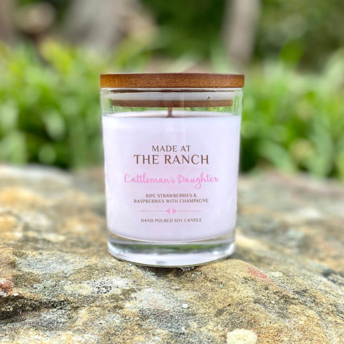 Candle in a glass jar with wooden lid on a rock, surrounded by greenery