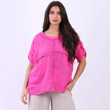 Load image into Gallery viewer, Woman wearing a bright pink top and beige pants on a white background