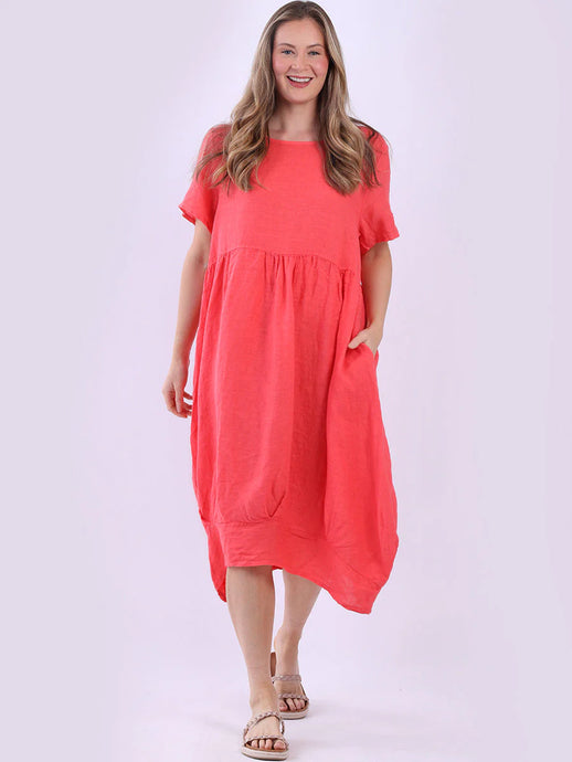 Coral 100% Linen Midi Swing Dress with Pockets