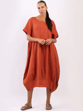 Load image into Gallery viewer, Rust 100% Linen Midi Swing Dress with Pockets