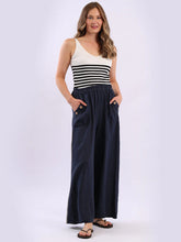 Load image into Gallery viewer, Navy Linen Wide Leg Palazzo Pant with Side Buttoned Pockets