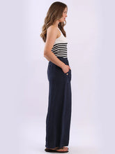Load image into Gallery viewer, Navy Linen Wide Leg Palazzo Pant with Side Buttoned Pockets