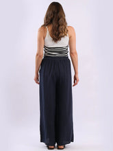 Load image into Gallery viewer, Navy Linen Wide Leg Palazzo Pant with Side Buttoned Pockets