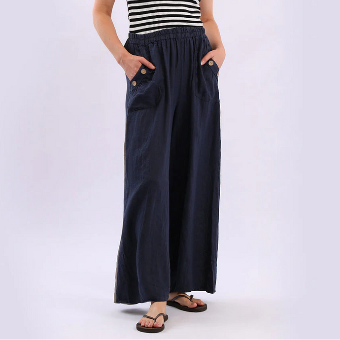 Navy Linen Wide Leg Palazzo Pant with Side Buttoned Pockets