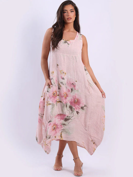 Pink Floral Print 100% Linen Balloon Sundress