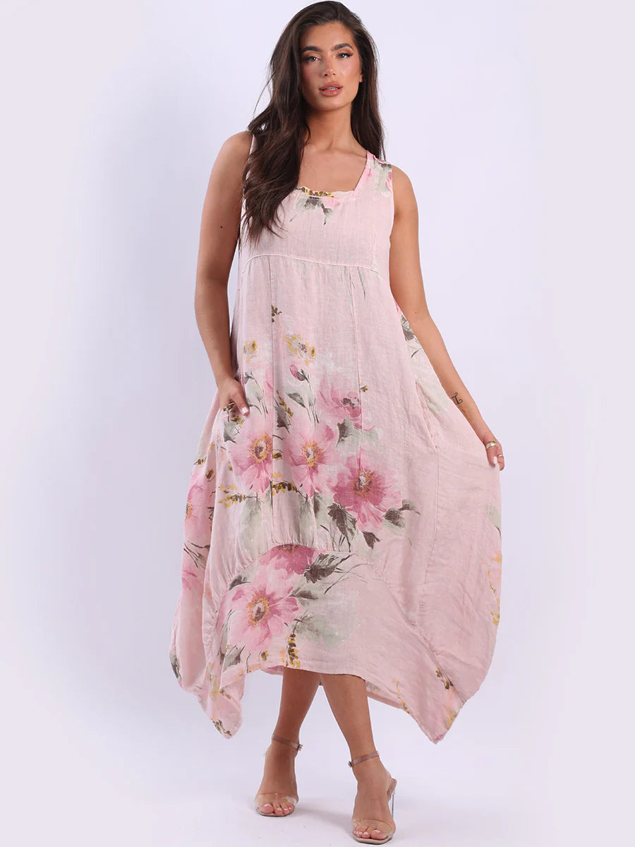 Pink Floral Print 100% Linen Balloon Sundress