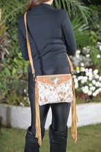 Load image into Gallery viewer, Marbella Brown &amp; White Bullhead Cowhide Sling Bag with Fringing