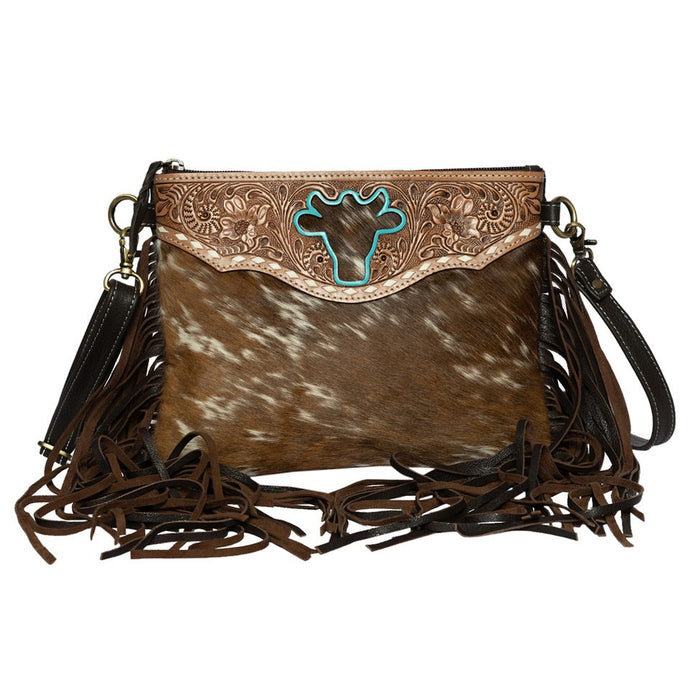 Marbella Brown & White Bullhead Cowhide Sling Bag with Fringing