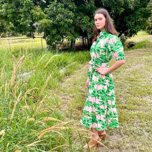 "Harper" Pink Palm Tree Tiered Maxi Dress