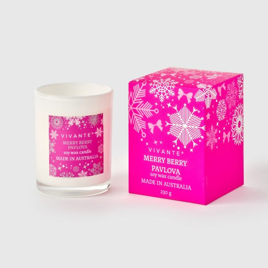 Vivant candle and pink packaging with snowflake design on a white background