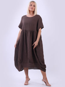 'Mila' Chocolate 100% Linen Midi Swing Dress with Pockets