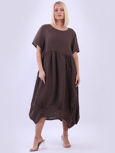 'Mila' Chocolate 100% Linen Midi Swing Dress with Pockets