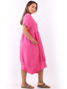 'Mila' Fuchsia 100% Linen Midi Swing Dress with Pockets