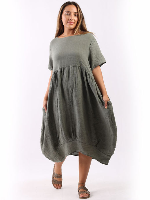 'Mila' Khaki 100% Linen Midi Swing Dress with Pockets