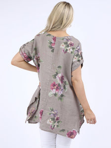 'Bella' Mocha Floral 100% Linen Tunic Top