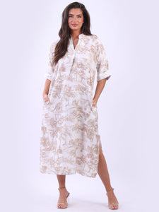 'Delphine' Mocha Jungle Print 100% Linen Maxi Shirt Dress