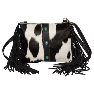 Mornington Black & White Tooled Leather Cowhide Bag With Turquoise Stones & Fringing