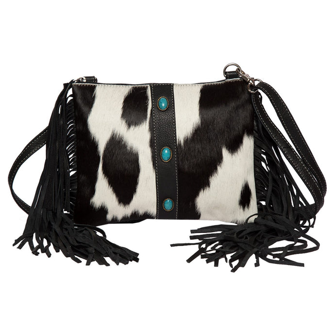 Mornington Black & White Tooled Leather Cowhide Bag With Turquoise Stones & Fringing