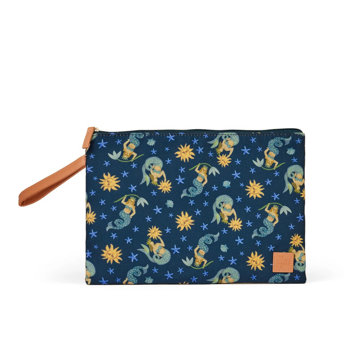 Navy pouch with mermaid pattern on a white background