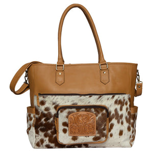Nappy Bag Tan & White Tooled Leather Cowhide