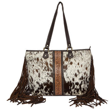 Load image into Gallery viewer, Navarino Brown &amp; White Cowhide Hand Painted Tooled Leather Bag With Fringing