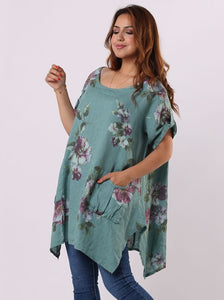 'Bella' Ocean Blue Floral 100% Linen Tunic Top